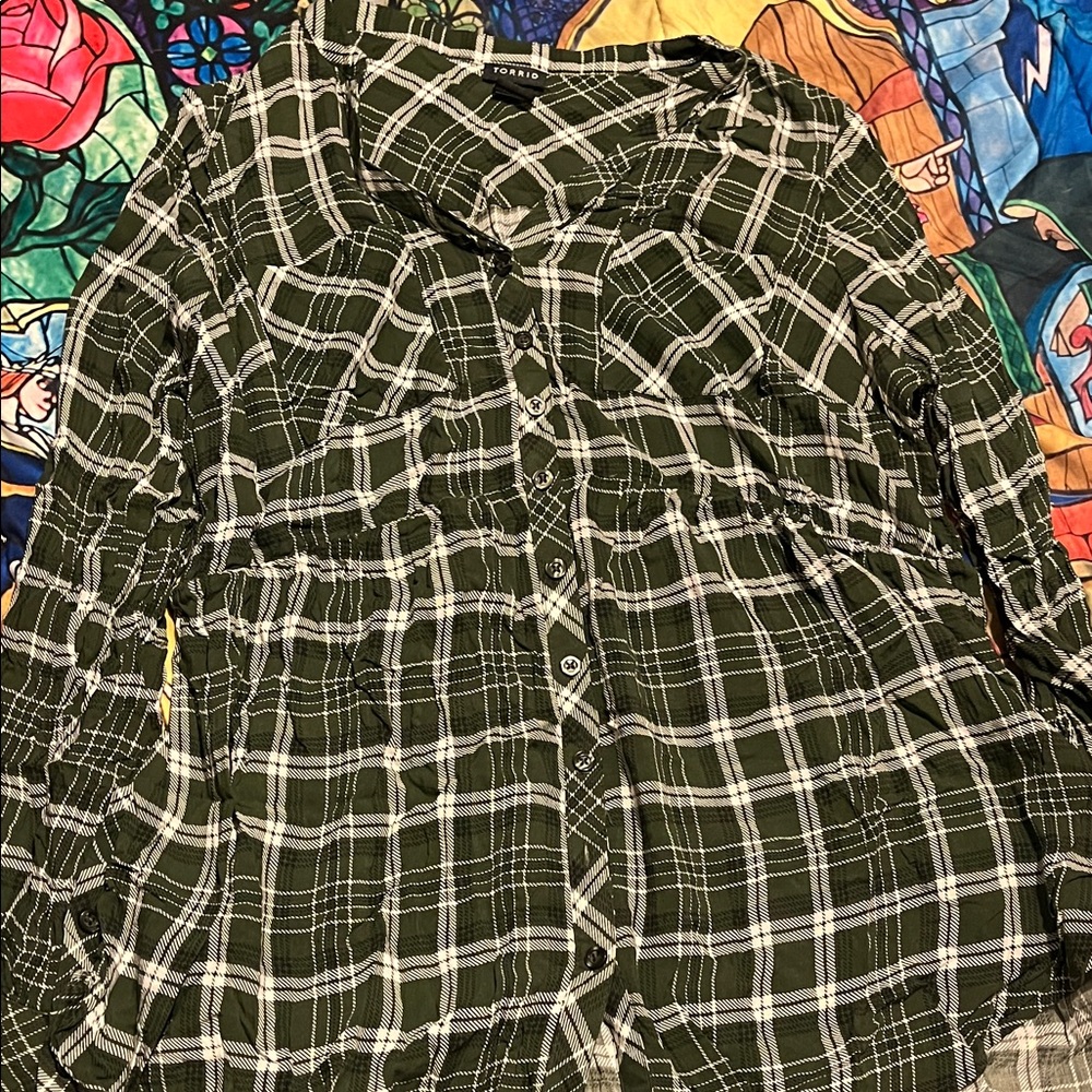 torrid Olive & White Plaid Button-Front Top